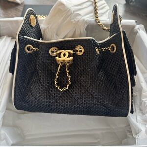 CHANEL Mini 25 Black Raffia Woven Shoulder Bag with Gold Chain